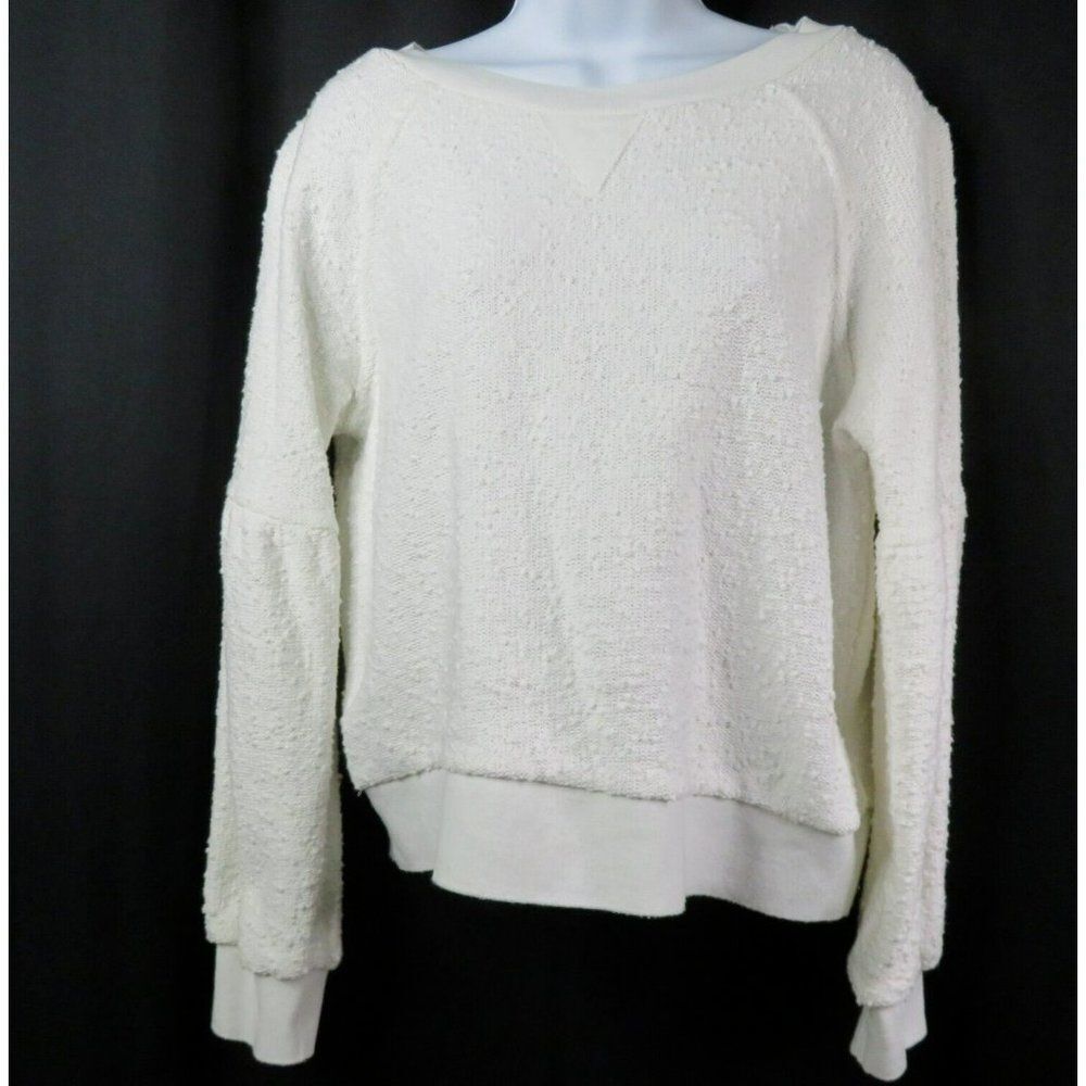 Alya White Pullover Top Size Medium Slubby Knit Stretch Balloon Sleeve Nubby